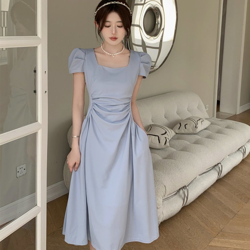 Square Neck Midi Dress with Puff Sleeve, French Midi Dress, Midi Dress Elegant